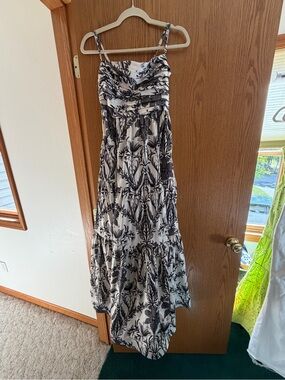 Liliana Meza Black and White Botanical Tiered Maxi Dress